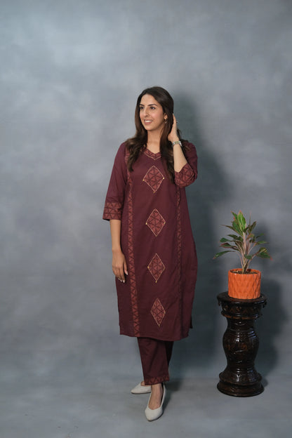 Maroon Printed Kurta Pant Set | Soft Cotton