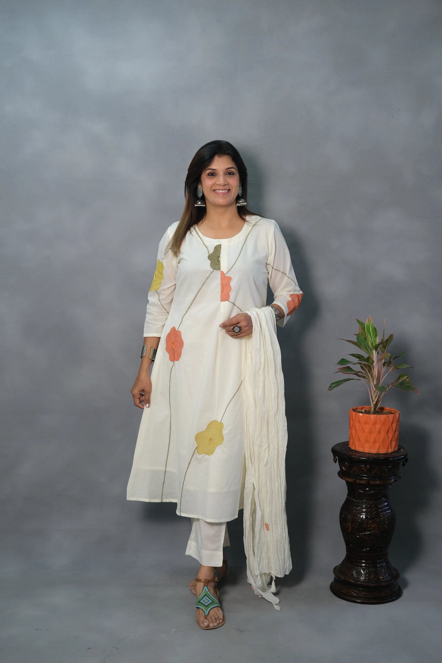 White Embroidered Mul Cotton Dupatta Set