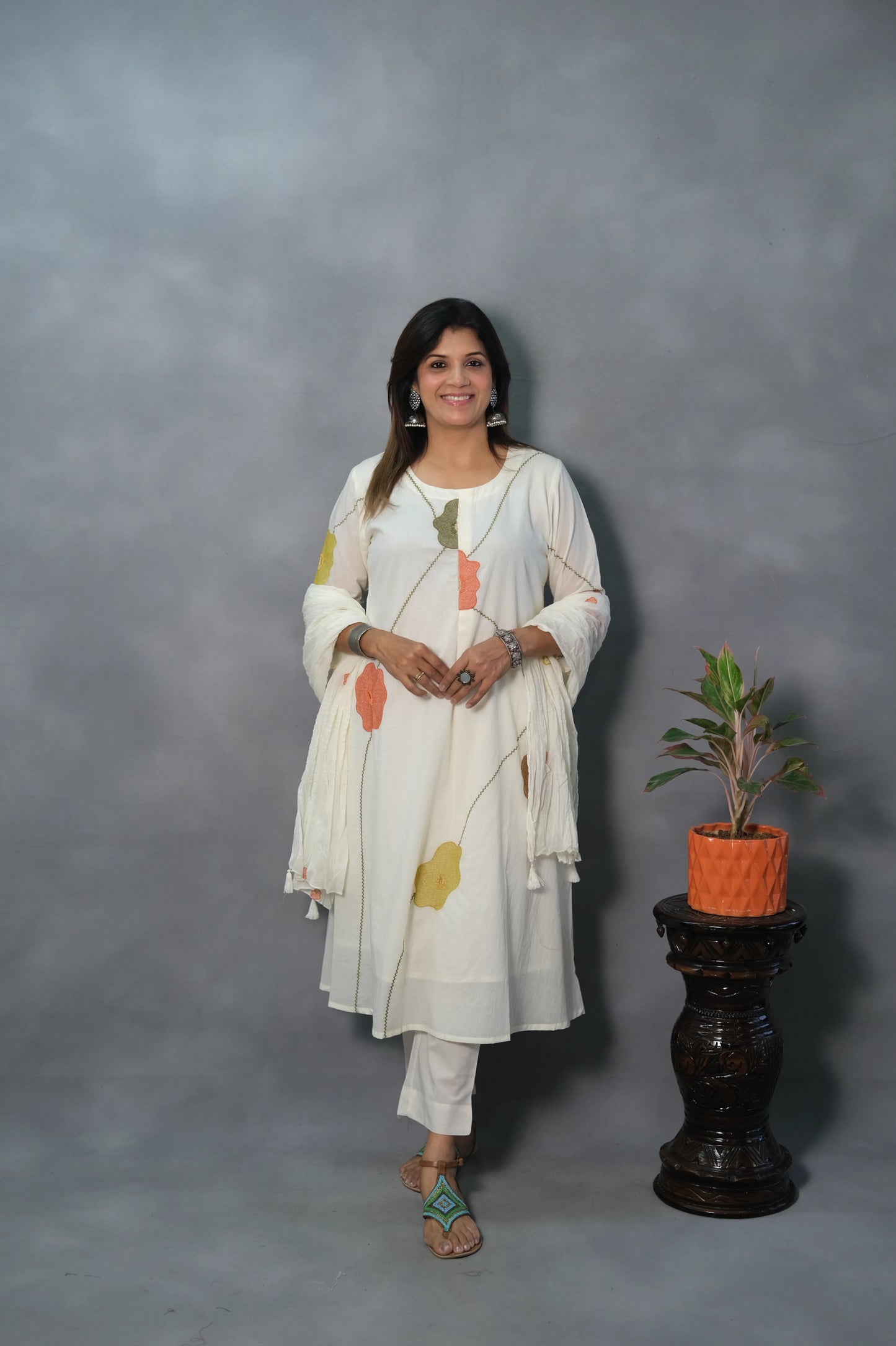 White Embroidered Mul Cotton Dupatta Set