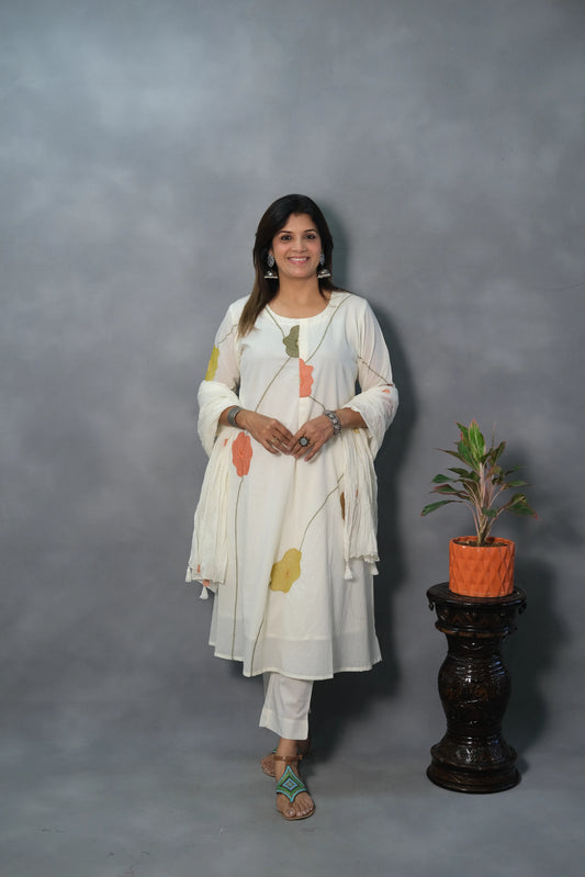 White Embroidered Mul Cotton Dupatta Set