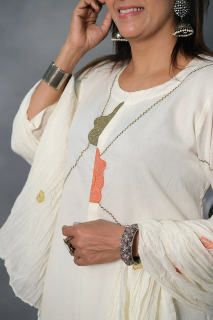 White Embroidered Mul Cotton Dupatta Set