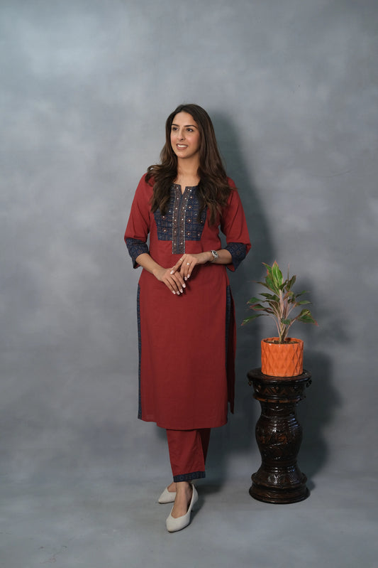 Moti & Sequin Work Kurta Pant Set | Soft Cotton
