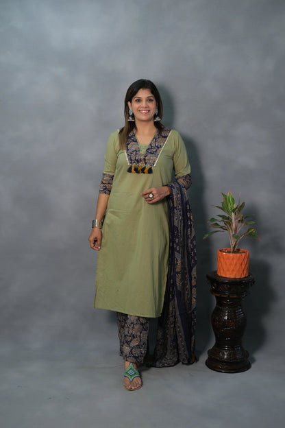 Pista Green Printed Dupatta Set | Soft Cotton