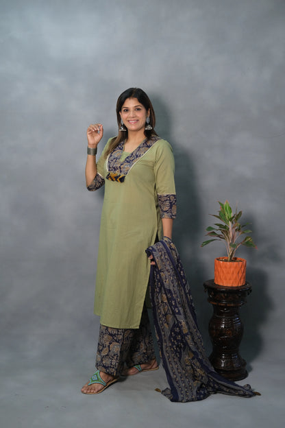 Pista Green Printed Dupatta Set | Soft Cotton