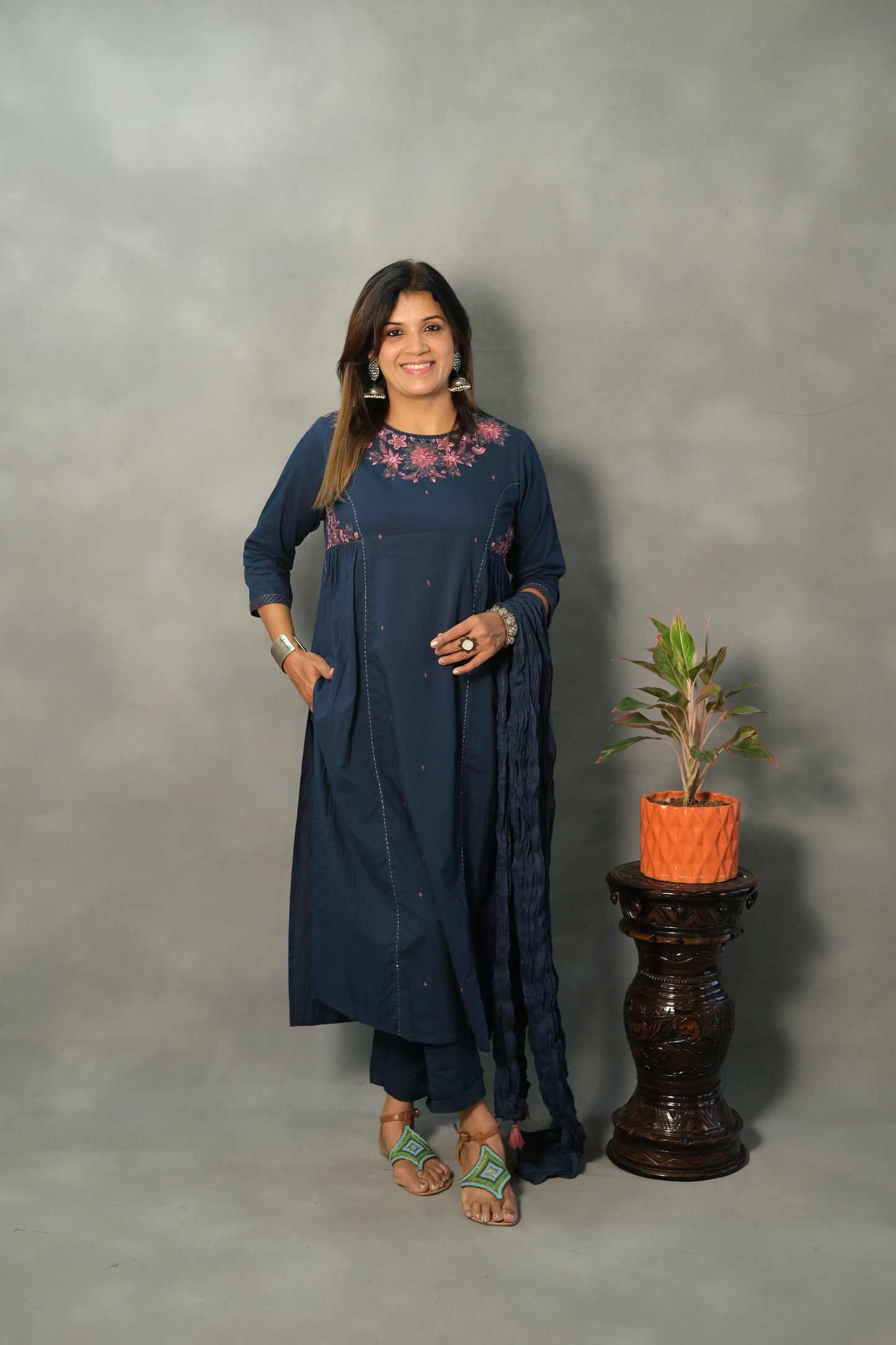 Turquoise Blue Embroidered Dupatta Set | Mul Cotton