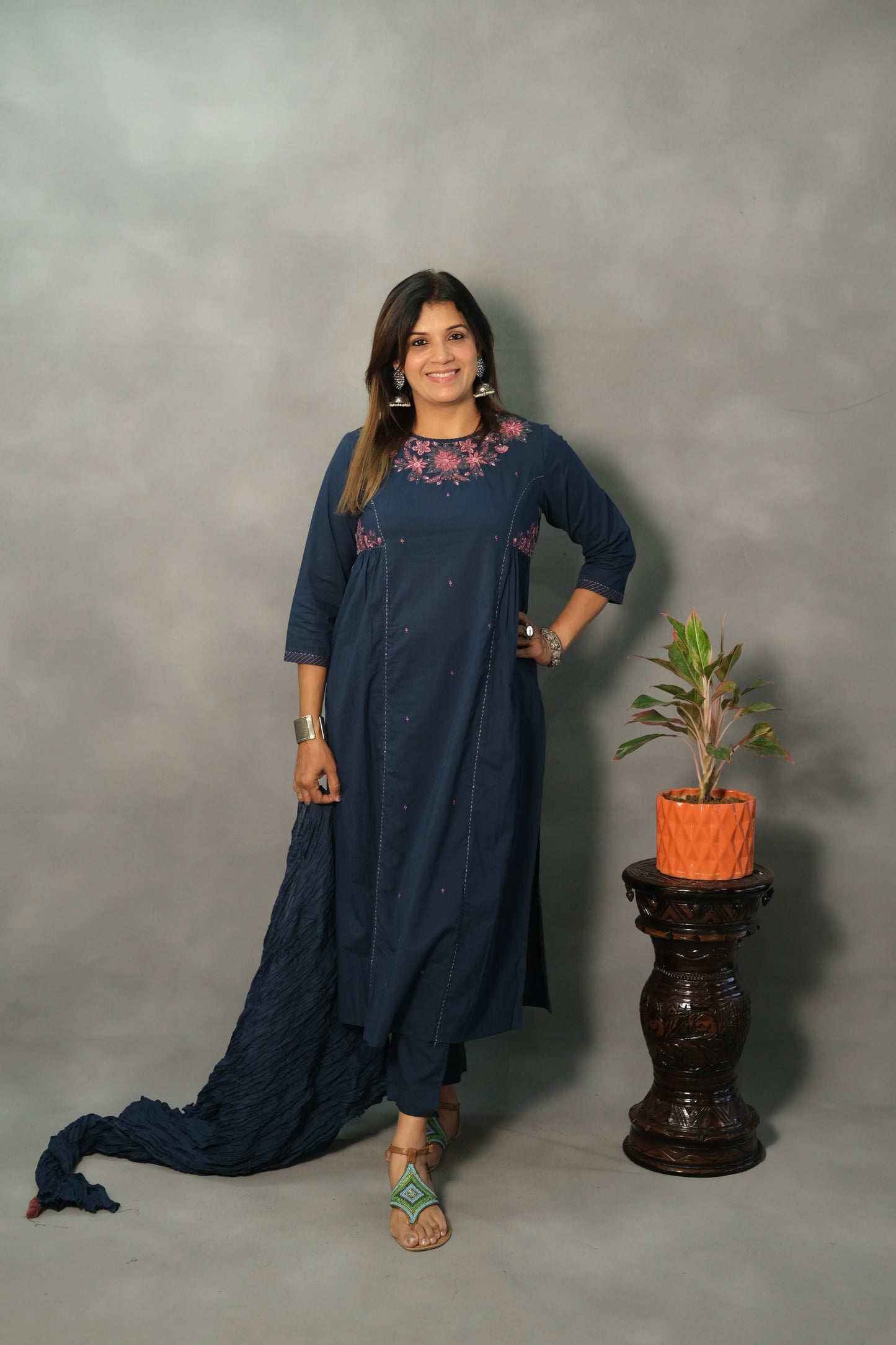 Turquoise Blue Embroidered Dupatta Set | Mul Cotton
