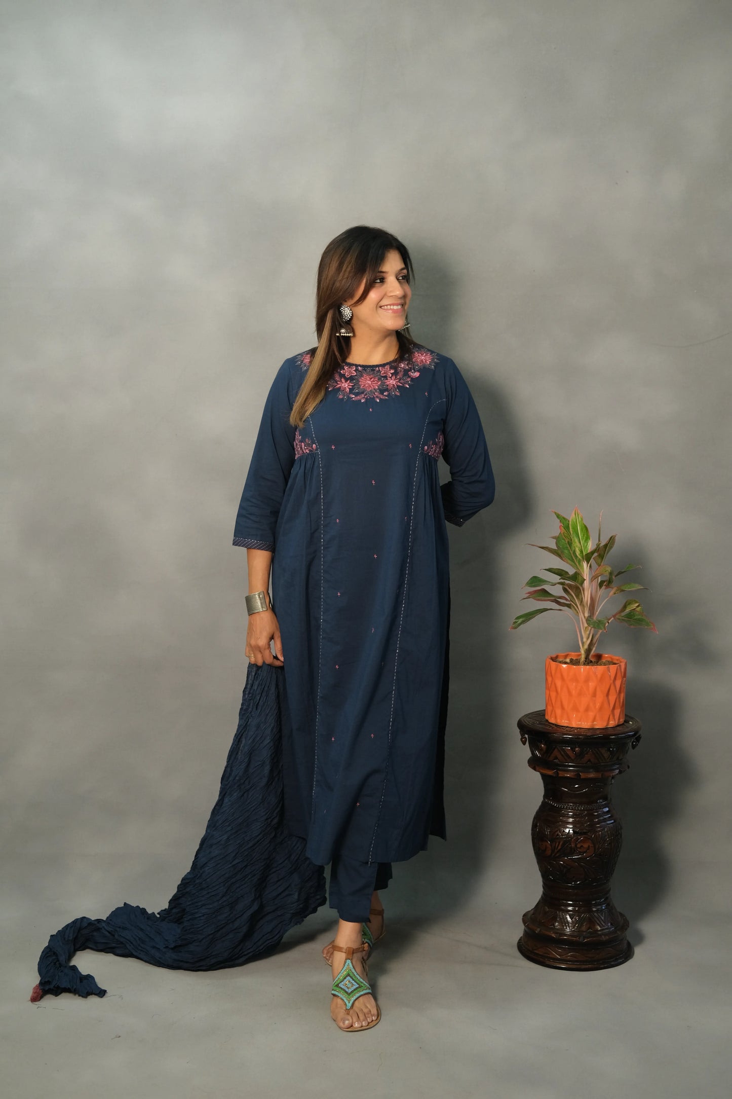 Turquoise Blue Embroidered Dupatta Set | Mul Cotton