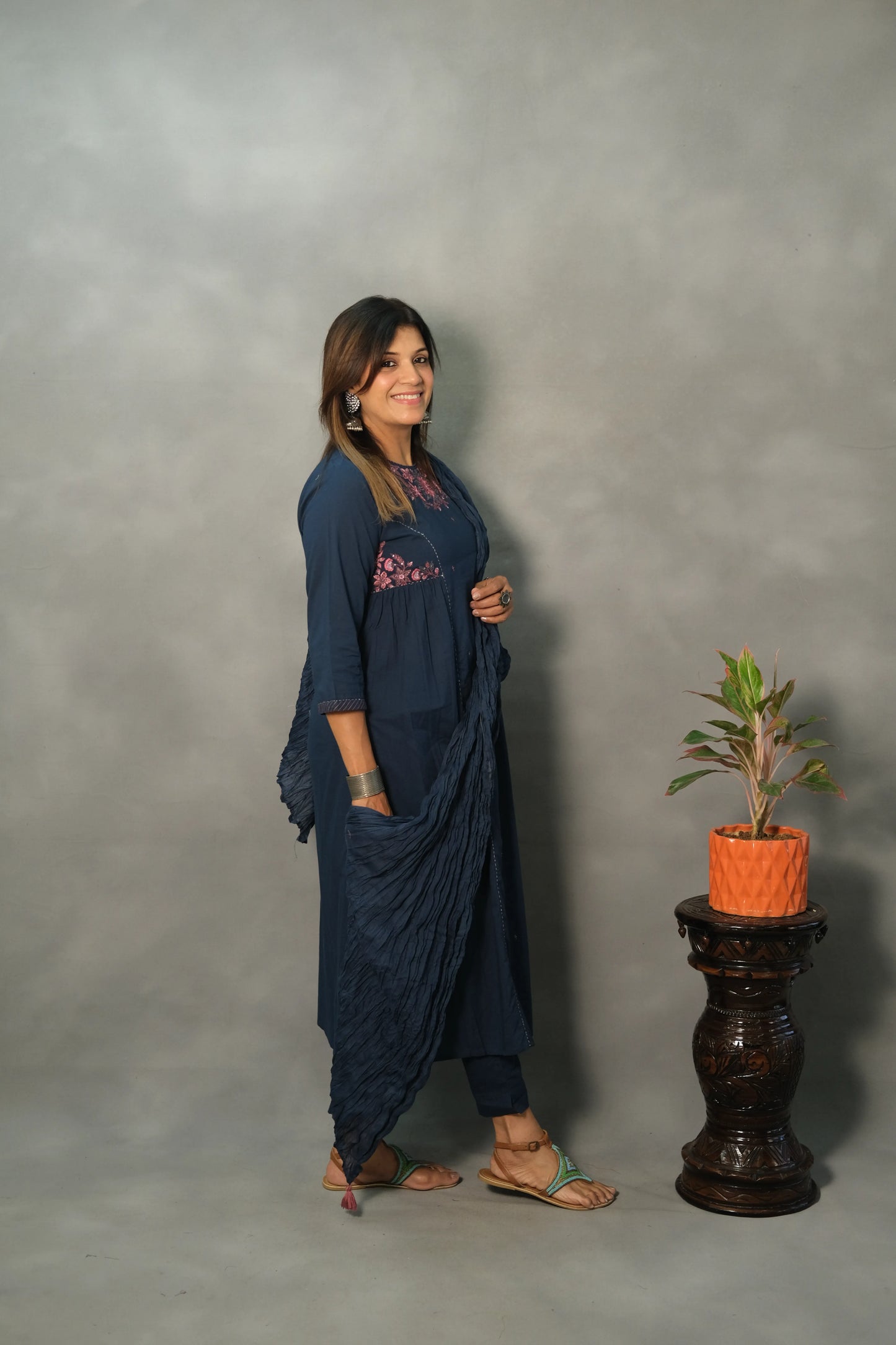 Turquoise Blue Embroidered Dupatta Set | Mul Cotton
