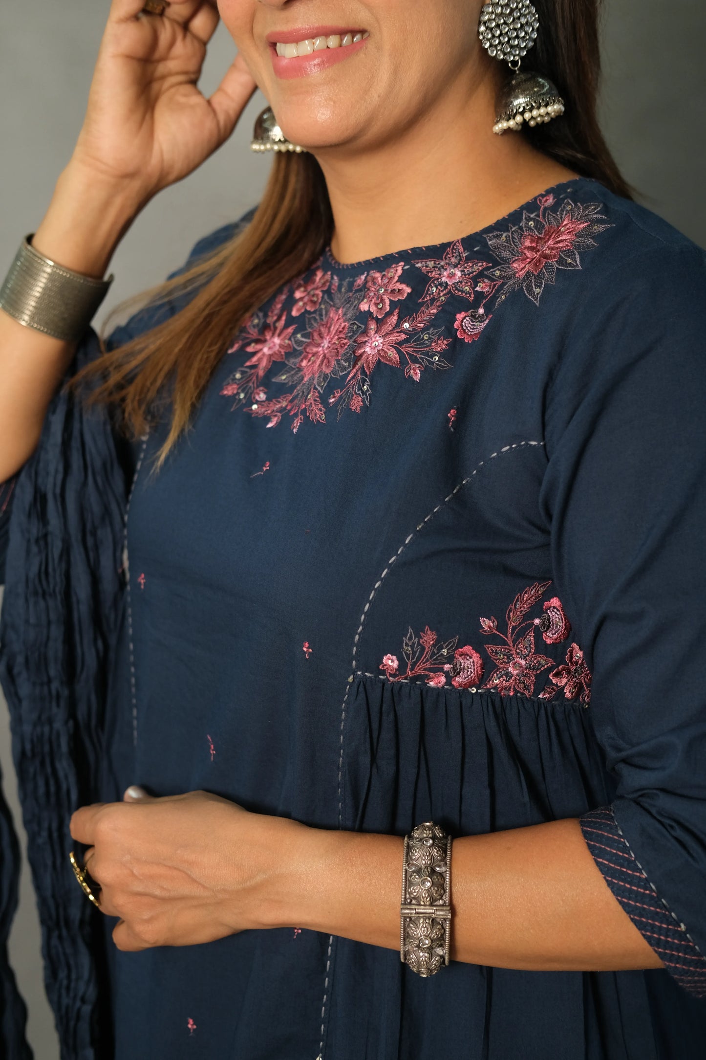 Turquoise Blue Embroidered Dupatta Set | Mul Cotton