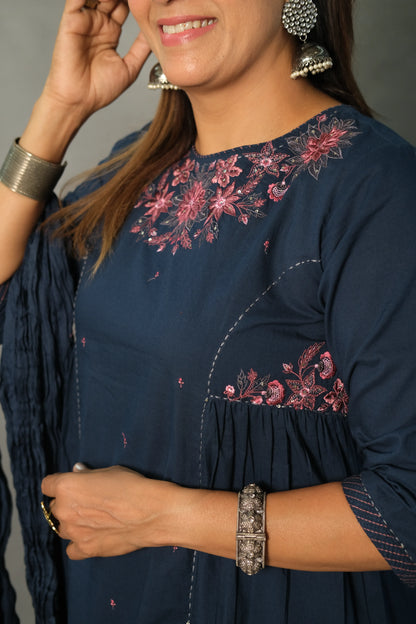 Turquoise Blue Embroidered Dupatta Set | Mul Cotton