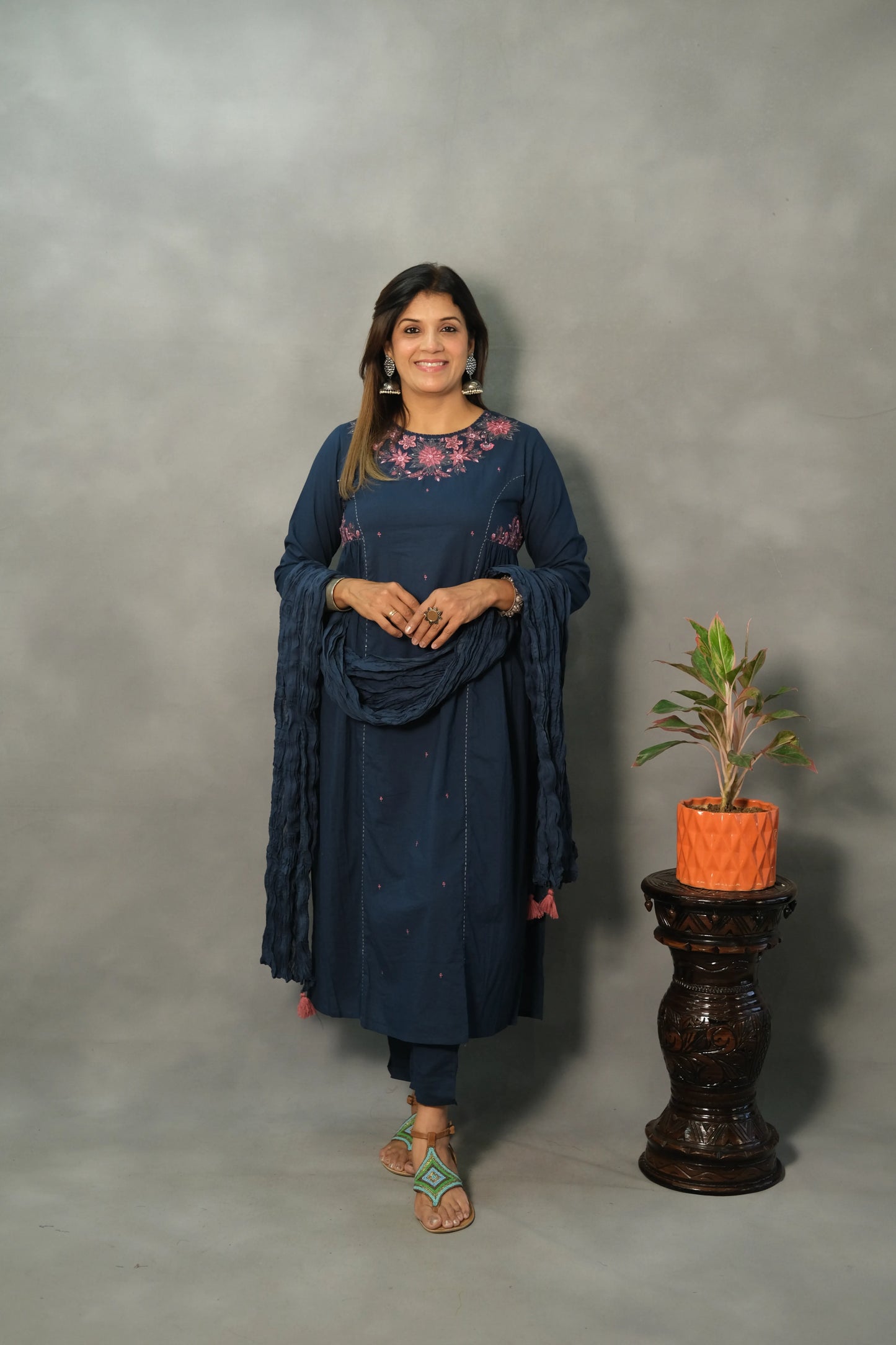 Turquoise Blue Embroidered Dupatta Set | Mul Cotton