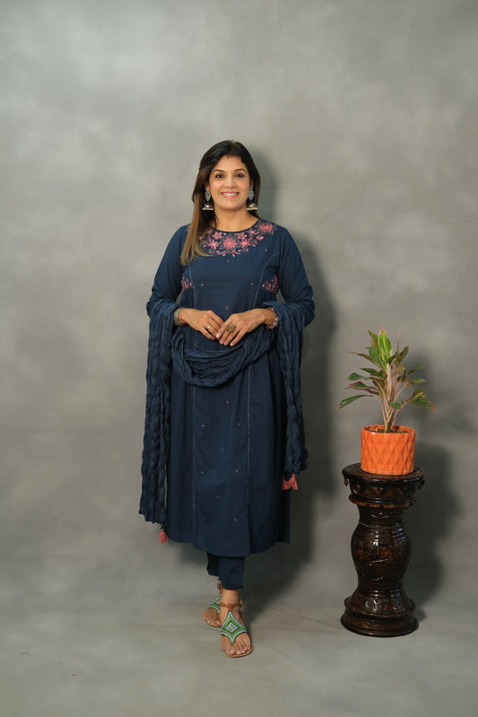 Turquoise Blue Embroidered Dupatta Set | Mul Cotton