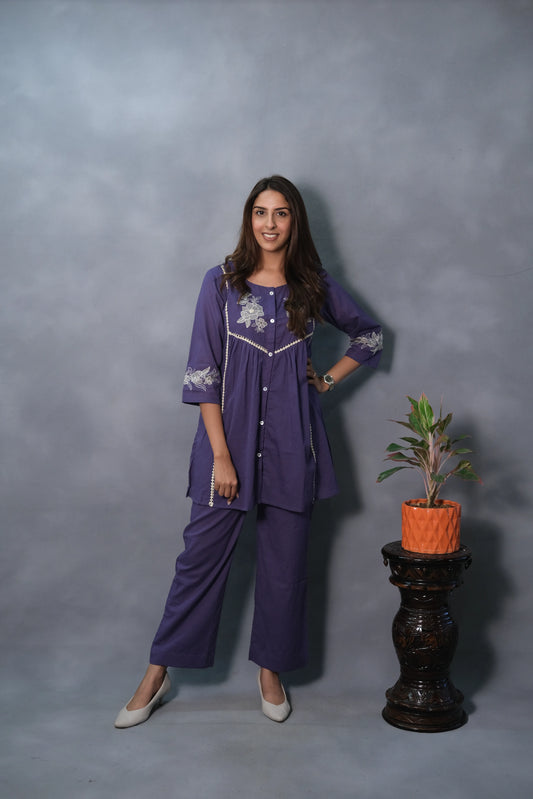 Purple Embroidered Co-ord Set | Mul Cotton