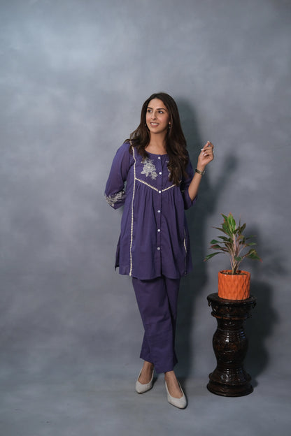 Purple Embroidered Co-ord Set | Mul Cotton