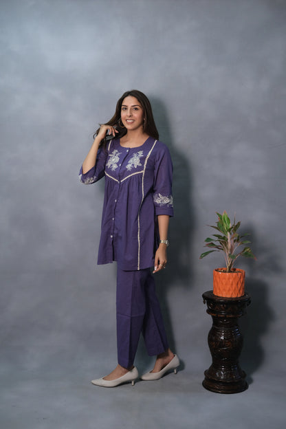 Purple Embroidered Co-ord Set | Mul Cotton