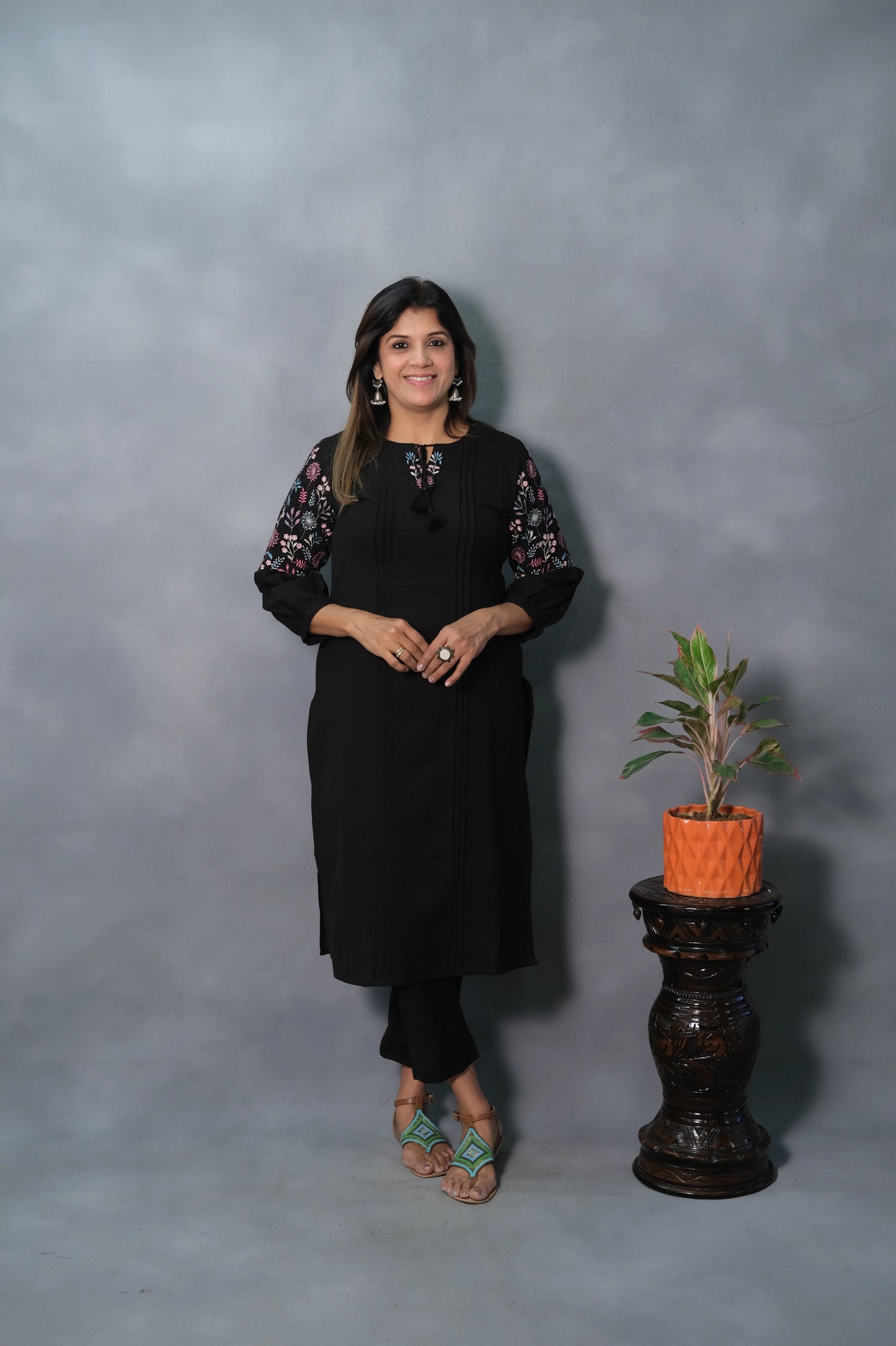 Elegant Black Kurta Pant Set with Embroidered Sleeves | Flex Cotton