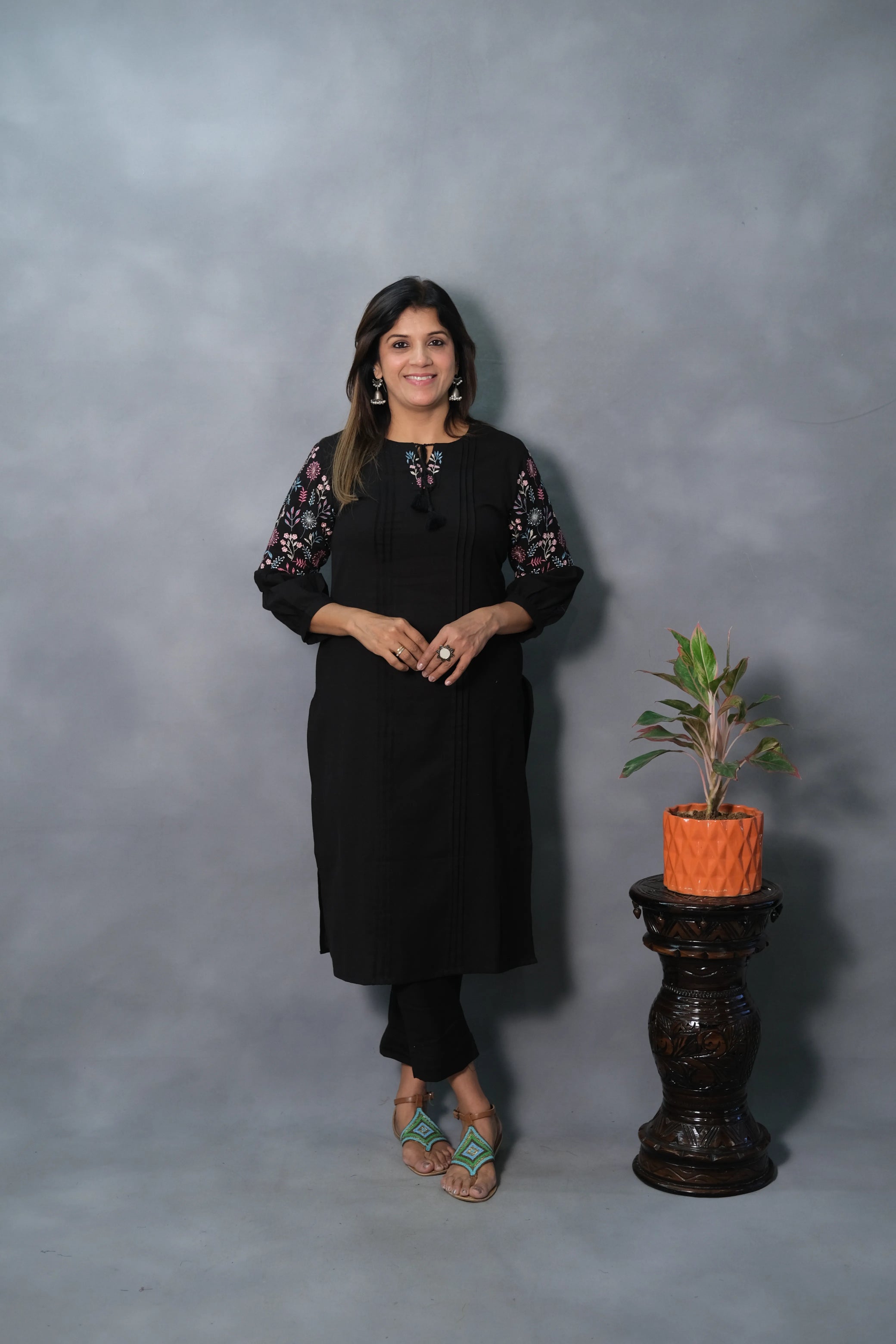 Elegant Black Kurta Pant Set with Embroidered Sleeves | Flex Cotton