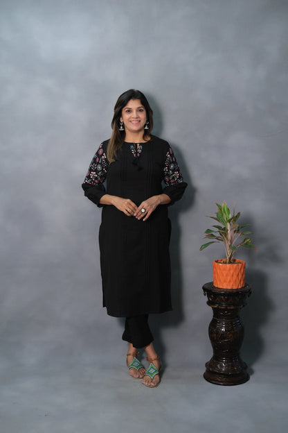 Elegant Black Kurta Pant Set with Embroidered Sleeves | Flex Cotton