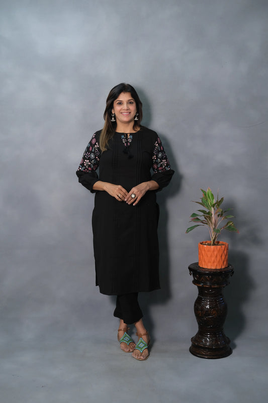 Elegant Black Kurta Pant Set with Embroidered Sleeves | Flex Cotton