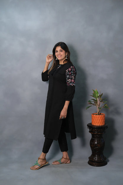 Elegant Black Kurta Pant Set with Embroidered Sleeves | Flex Cotton