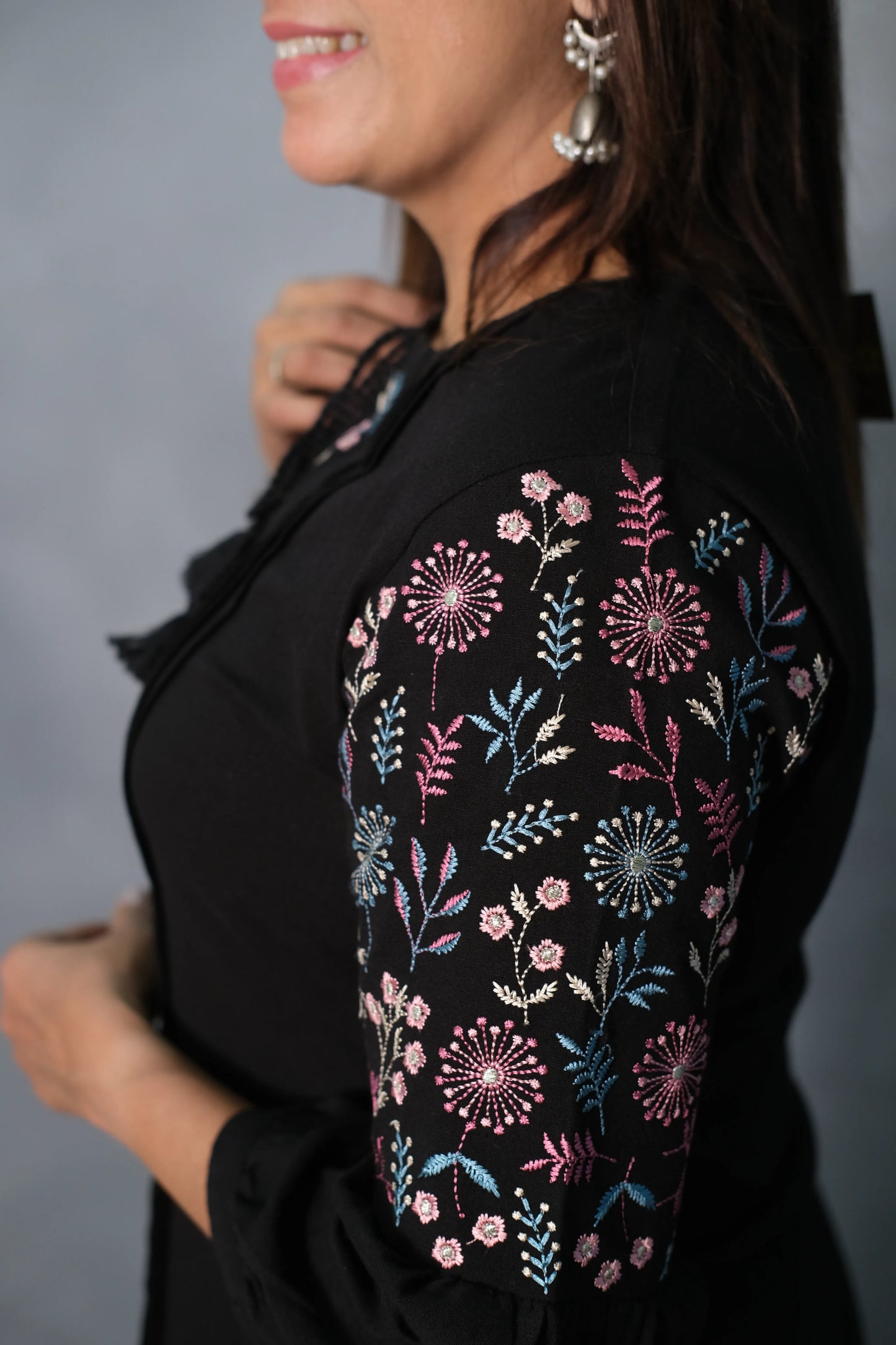 Elegant Black Kurta Pant Set with Embroidered Sleeves | Flex Cotton