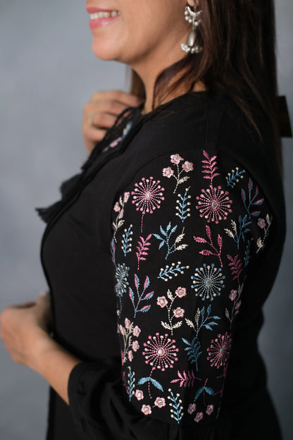 Elegant Black Kurta Pant Set with Embroidered Sleeves | Flex Cotton