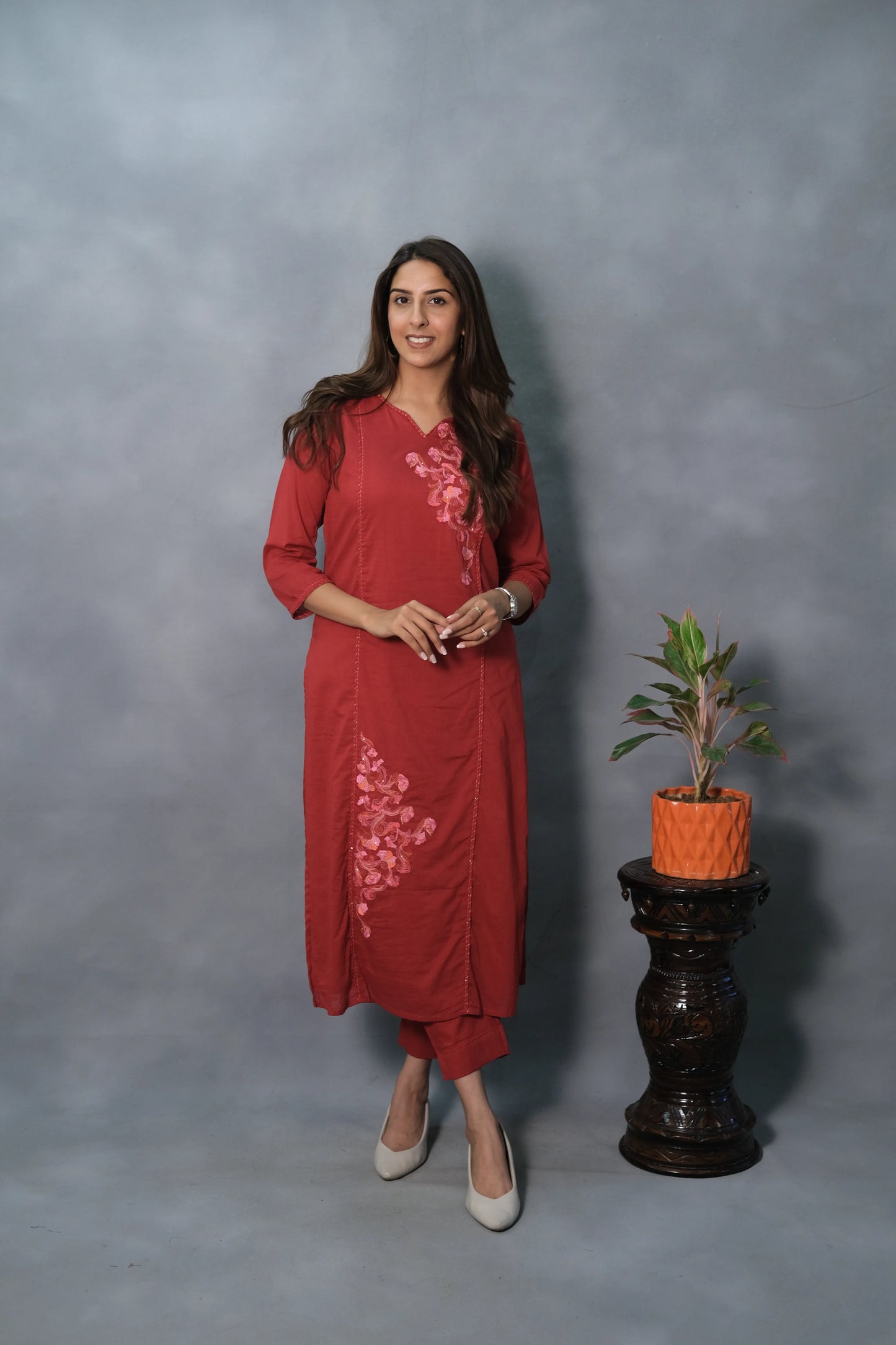 Red Embroidered Kurta Pant Set | Mul Cotton