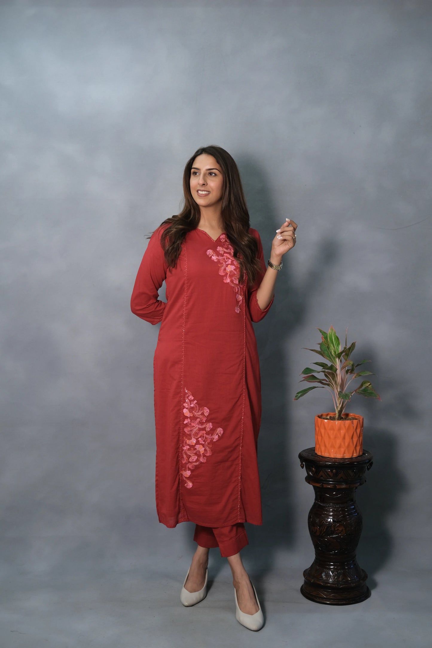 Red Embroidered Kurta Pant Set | Mul Cotton