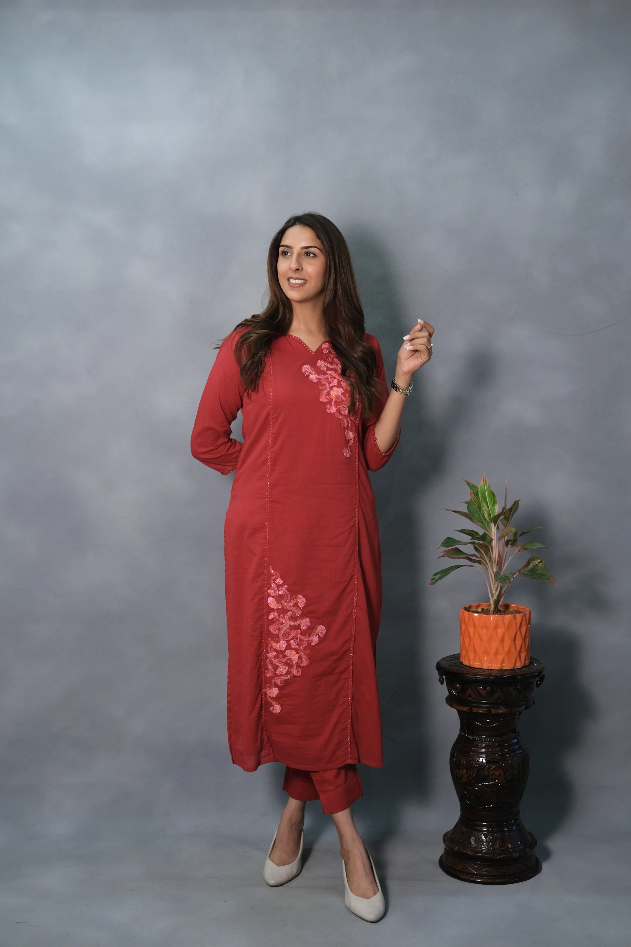 Red Embroidered Kurta Pant Set | Mul Cotton