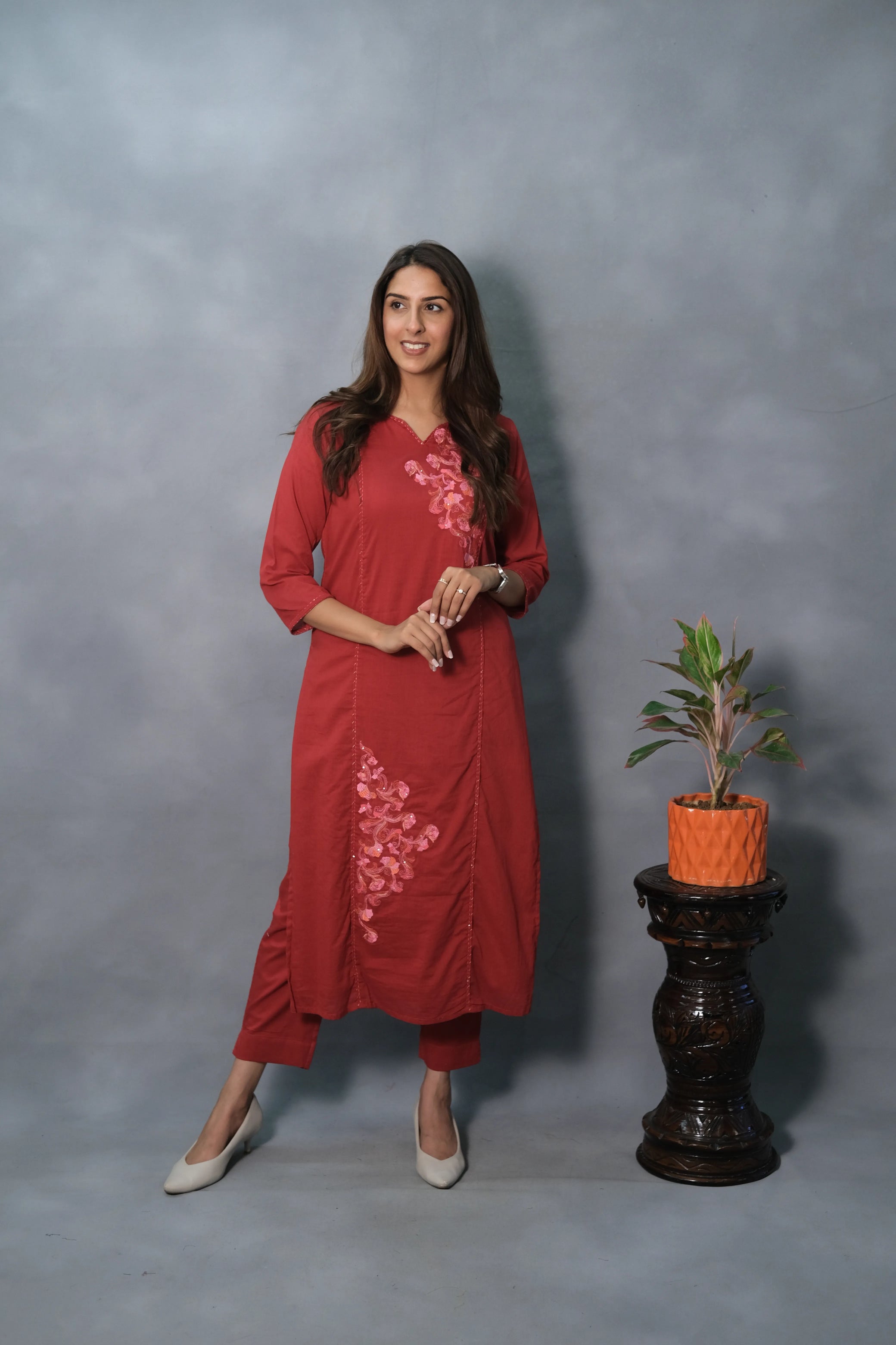 Red Embroidered Kurta Pant Set | Mul Cotton