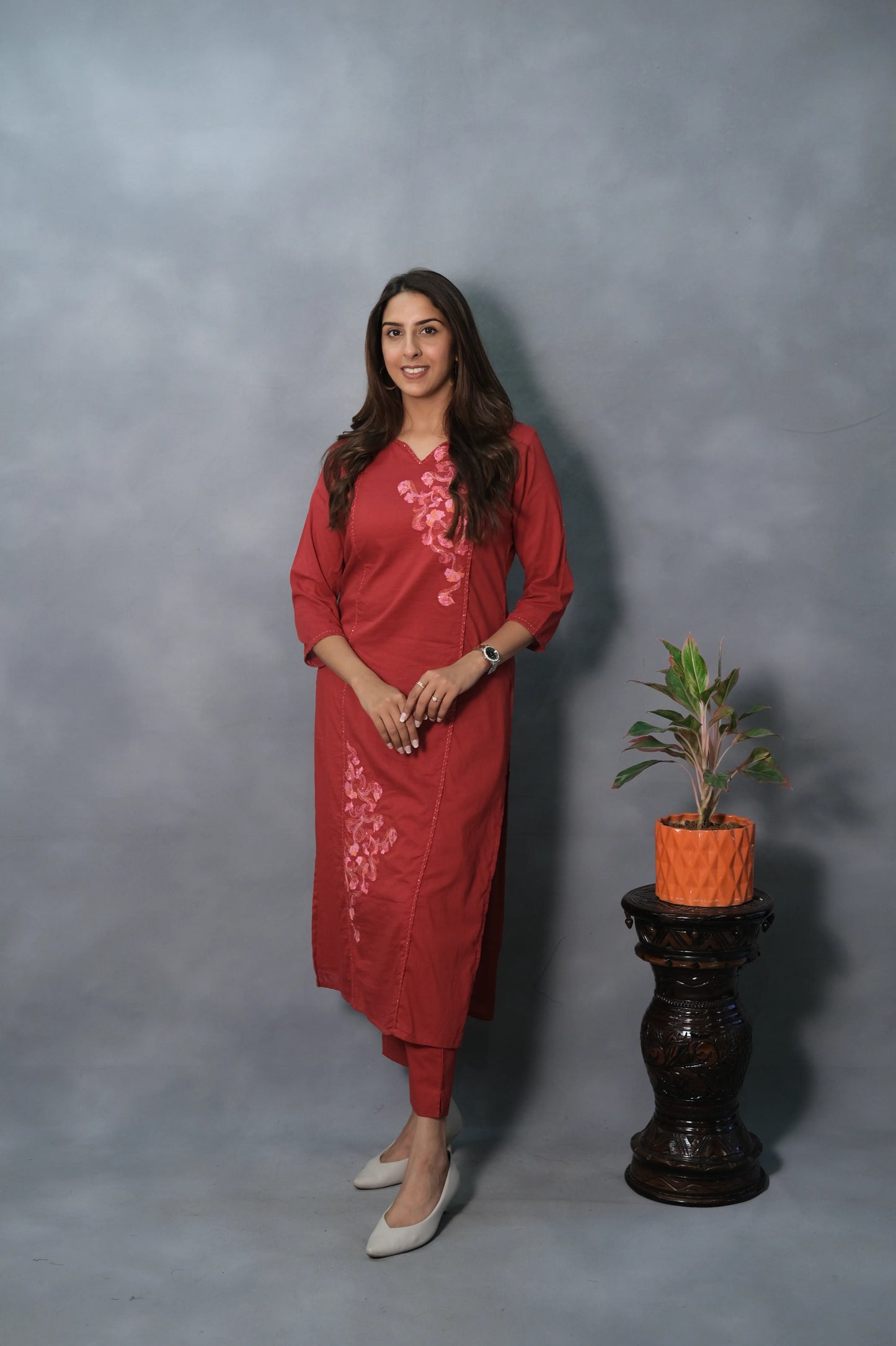 Red Embroidered Kurta Pant Set | Mul Cotton
