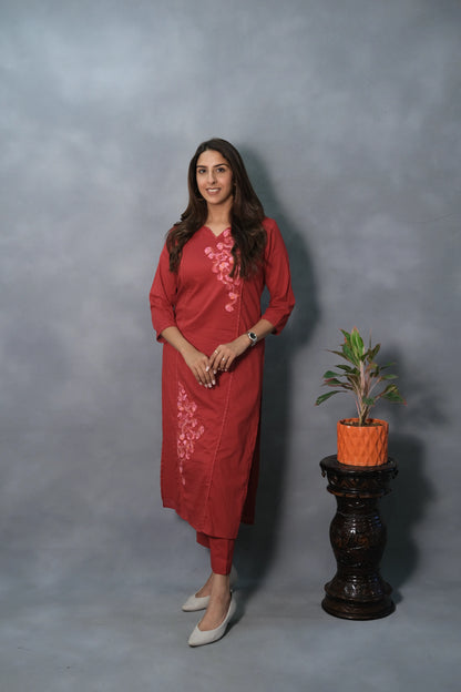 Red Embroidered Kurta Pant Set | Mul Cotton