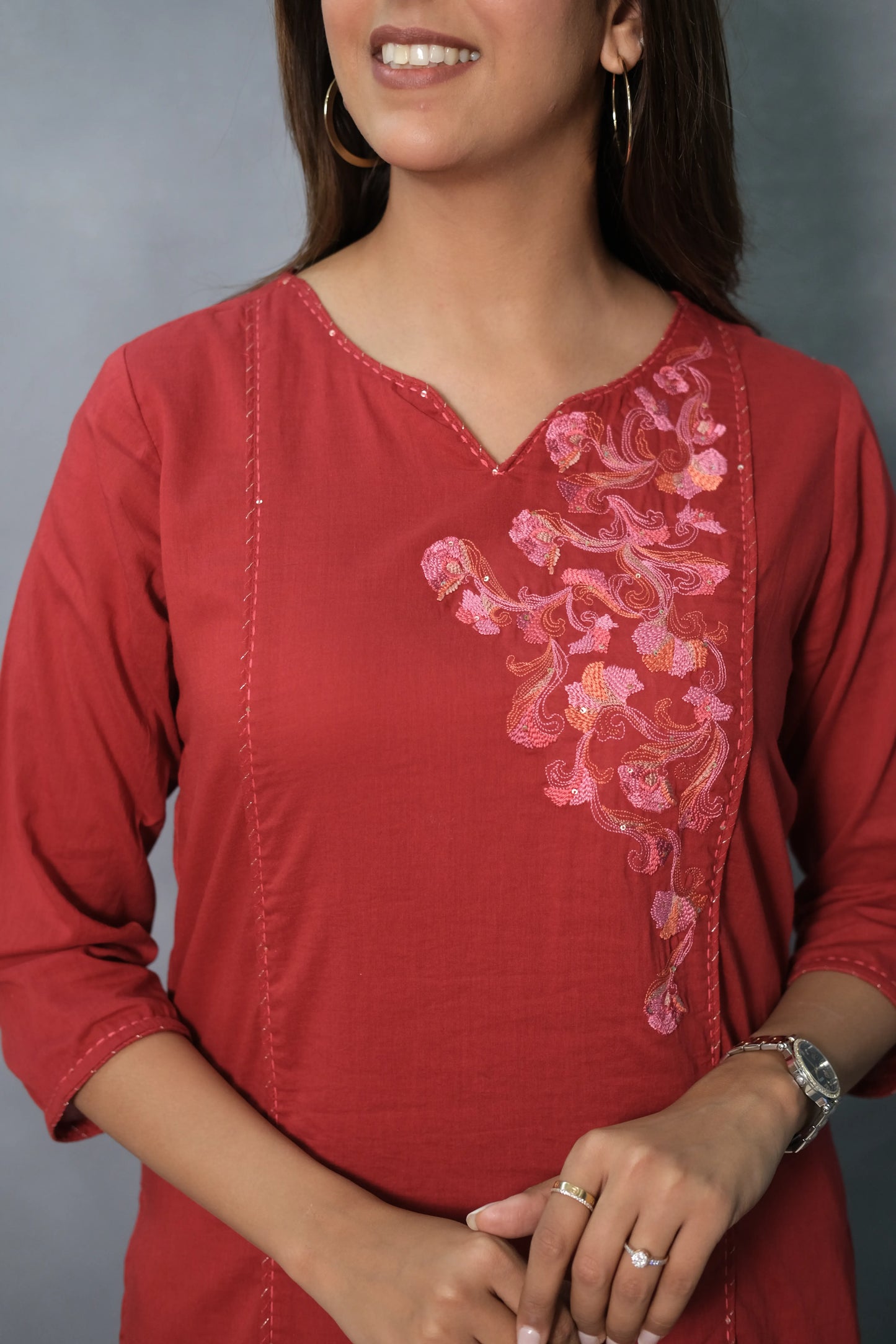 Red Embroidered Kurta Pant Set | Mul Cotton