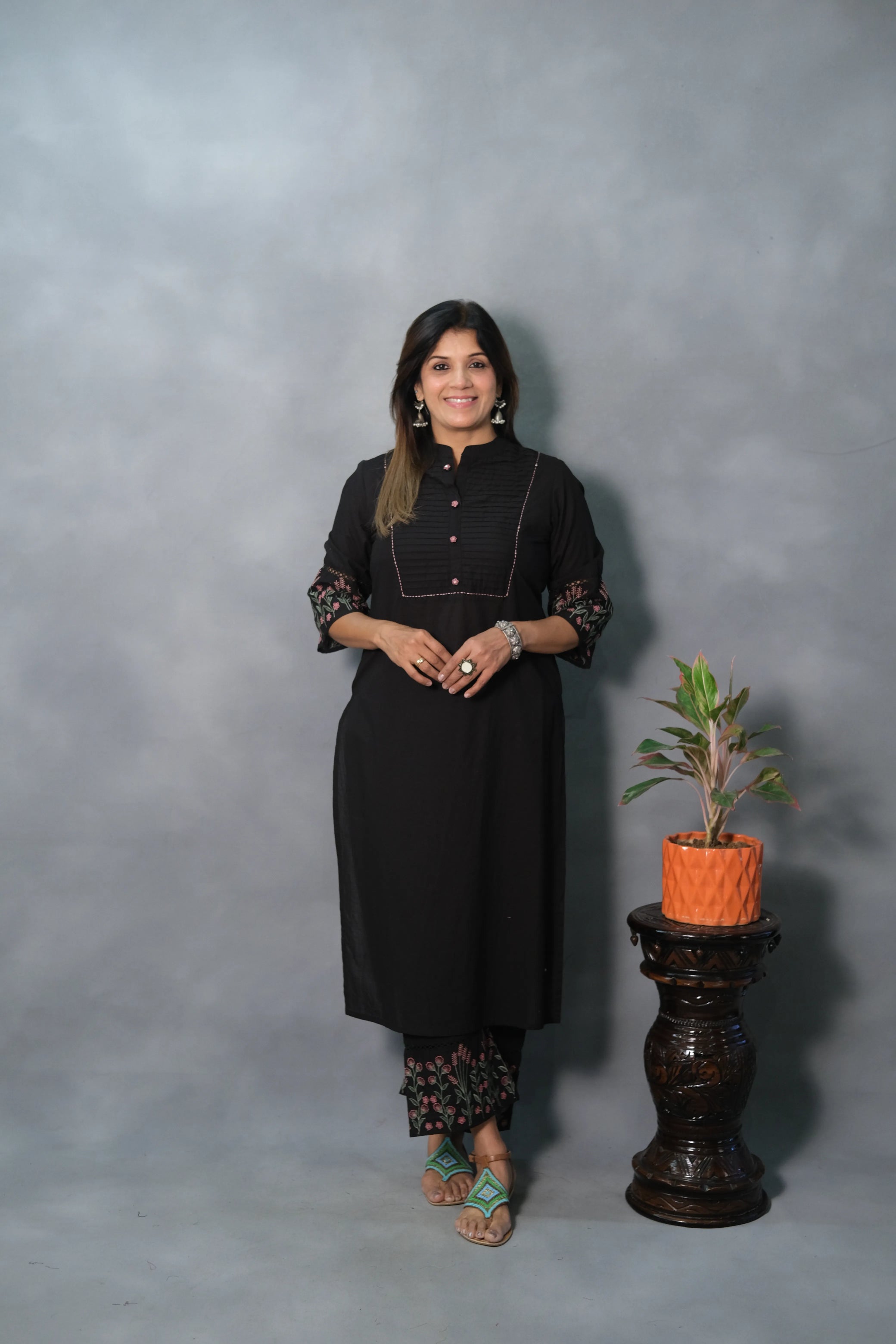 Black Embroidered Kurta Pant Set | Soft Cotton