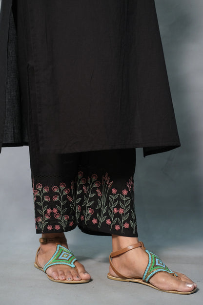 Black Embroidered Kurta Pant Set | Soft Cotton