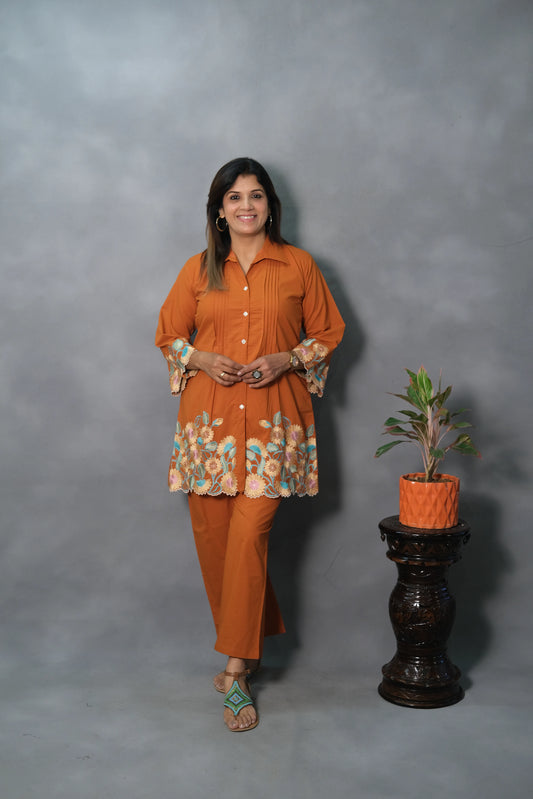 Rust Embroidered Co-ord Set | Mul Cotton