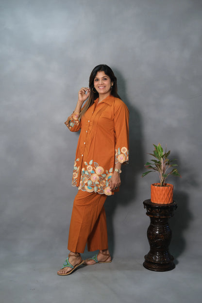 Rust Embroidered Co-ord Set | Mul Cotton