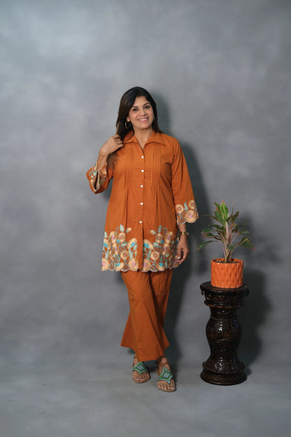 Rust Embroidered Co-ord Set | Mul Cotton