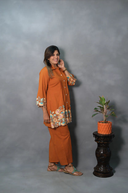 Rust Embroidered Co-ord Set | Mul Cotton