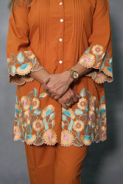 Rust Embroidered Co-ord Set | Mul Cotton