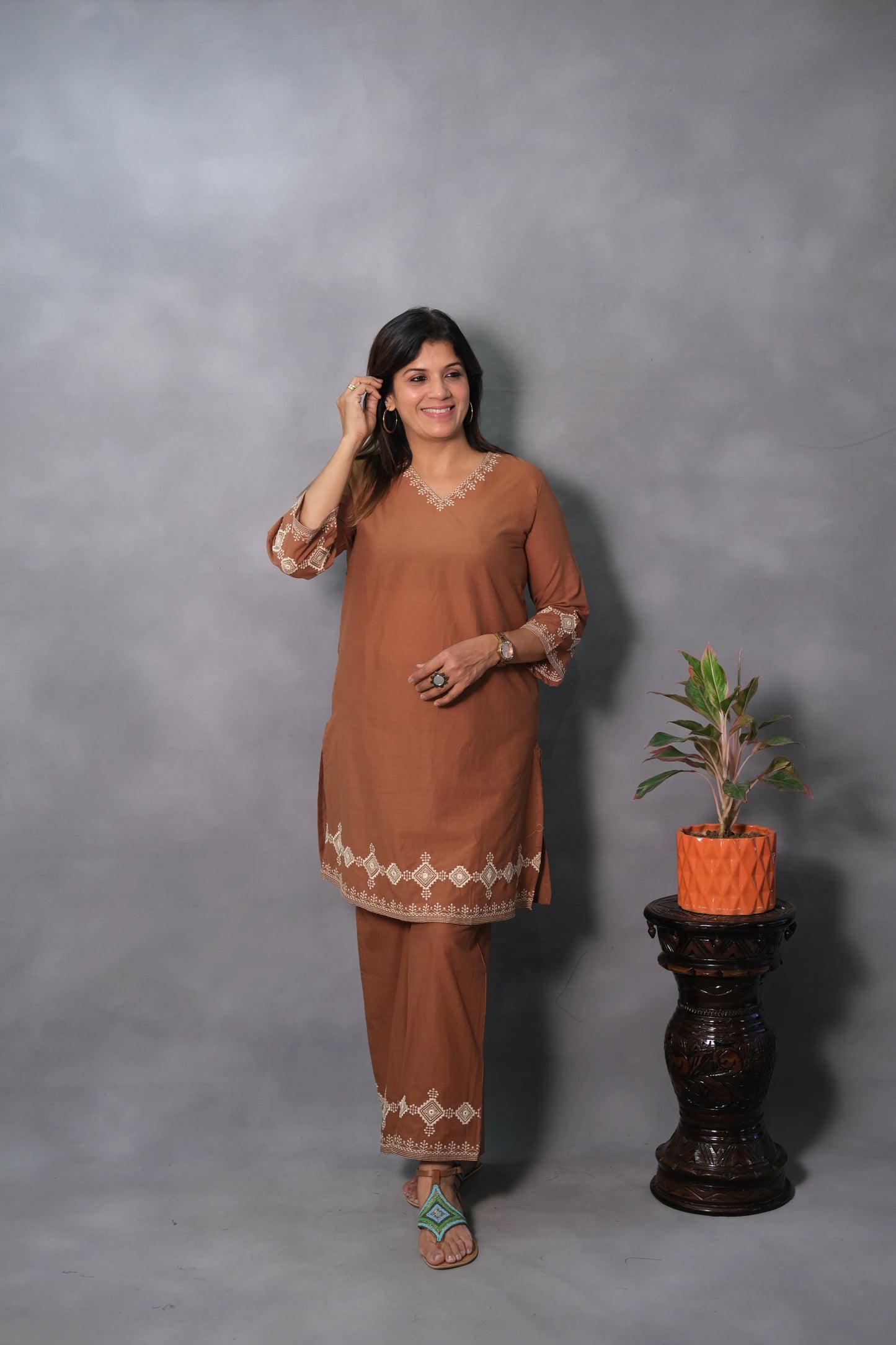 Coffee Brown Embroidered Co-ord Set | Soft Cotton