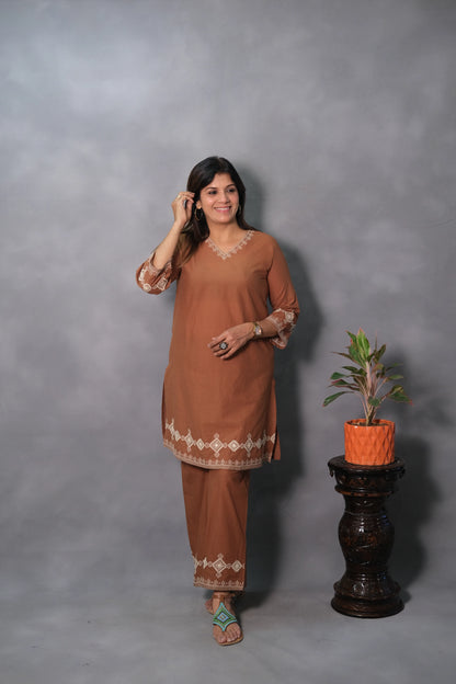 Coffee Brown Embroidered Co-ord Set | Soft Cotton