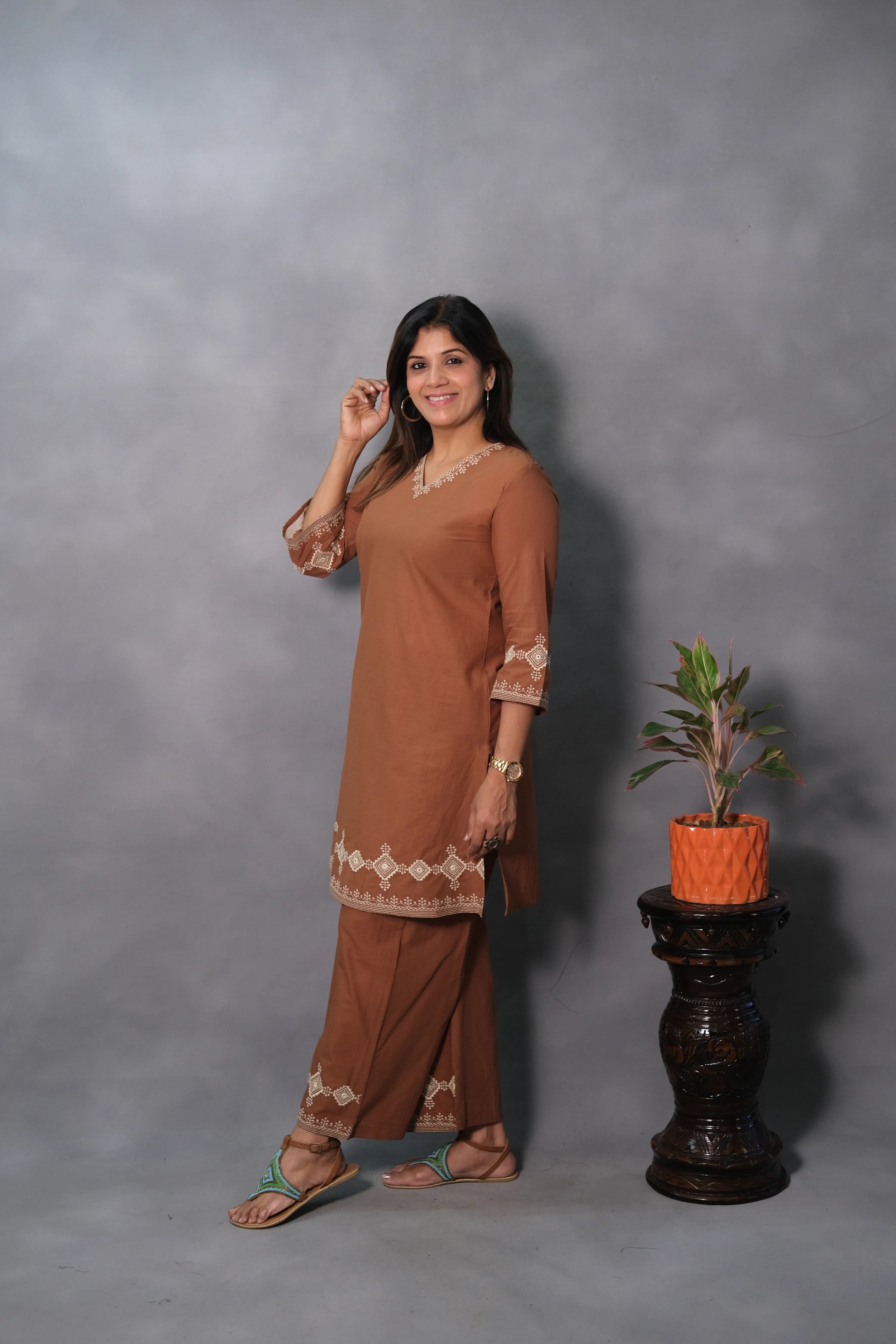 Coffee Brown Embroidered Co-ord Set | Soft Cotton
