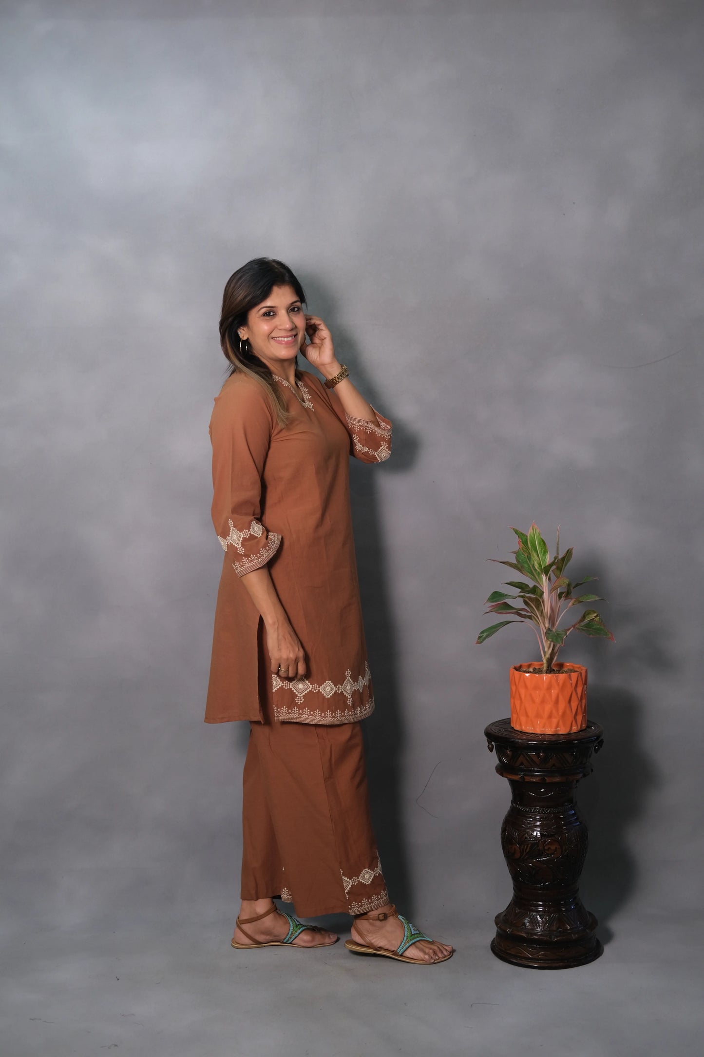 Coffee Brown Embroidered Co-ord Set | Soft Cotton