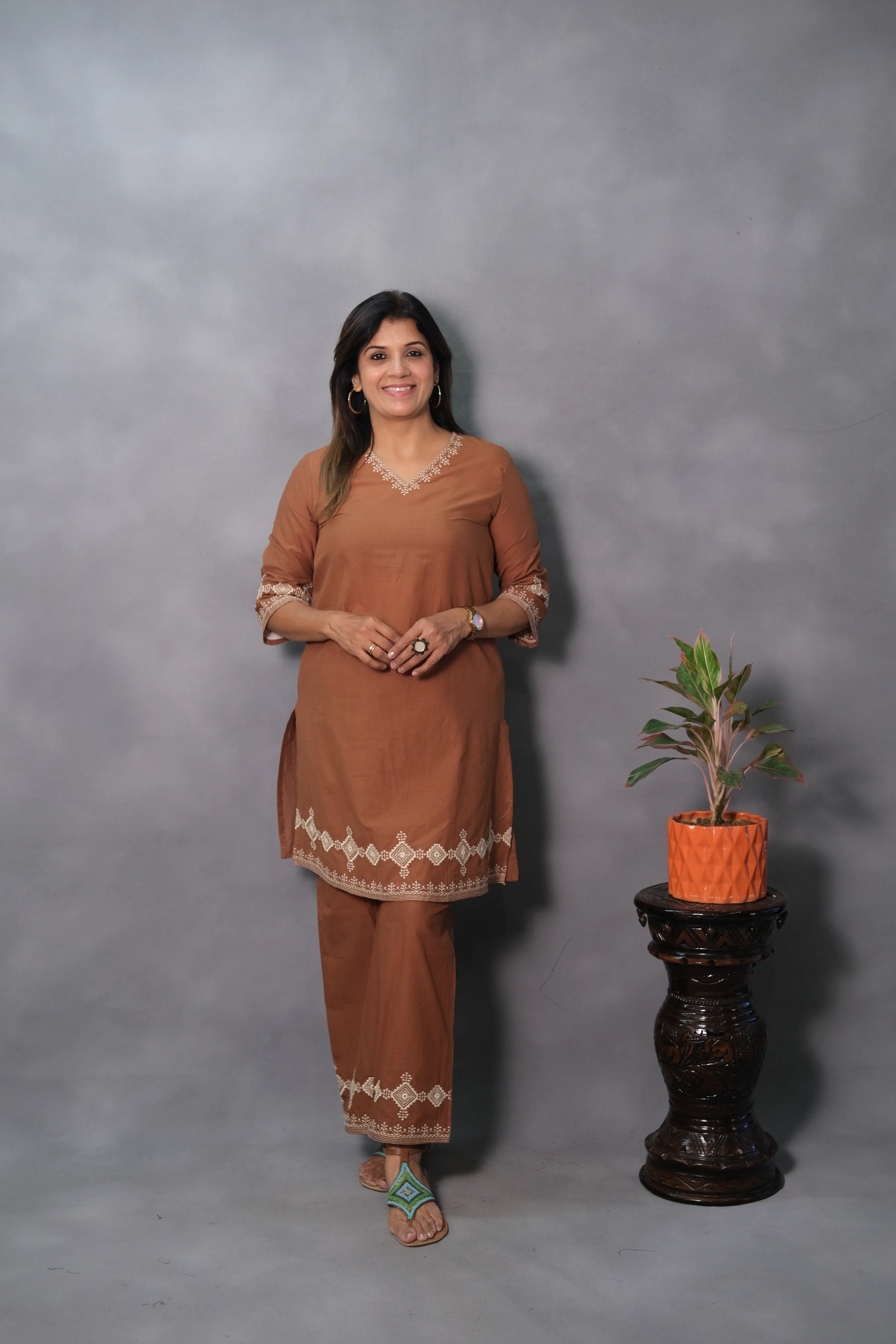 Coffee Brown Embroidered Co-ord Set | Soft Cotton