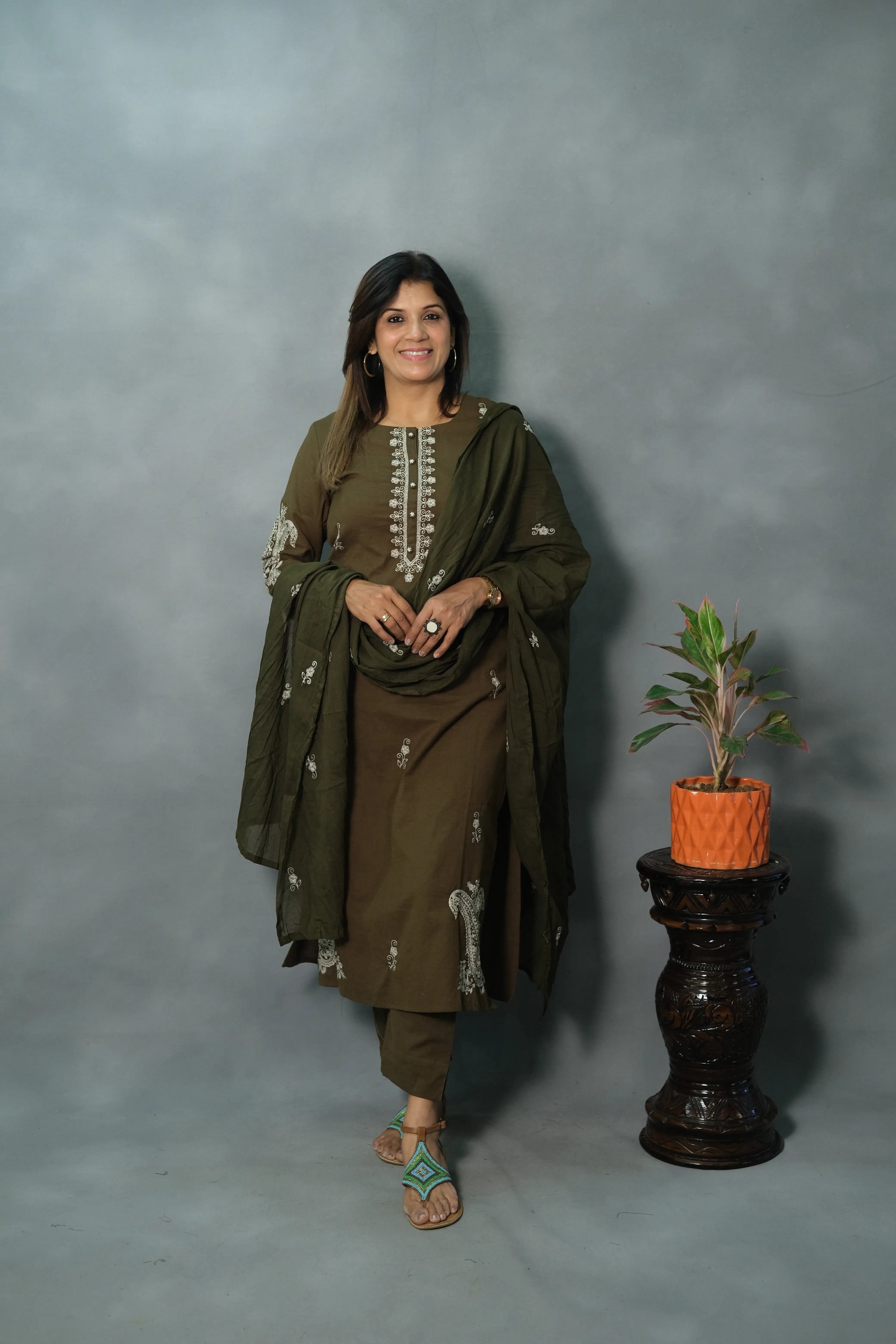 Mehndi Green Embroidered Dupatta Set | Pure Cotton Fabric