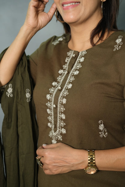 Mehndi Green Embroidered Dupatta Set | Pure Cotton Fabric