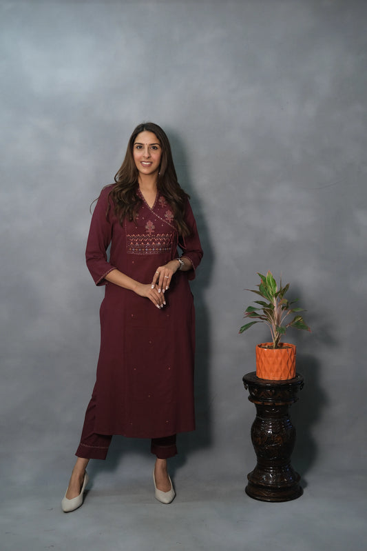 Maroon Embroidered Kurta Pant Set | Premium Cotton