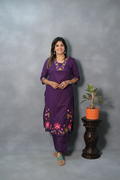 Floral Embroidered Purple Kurta Pant Set | Soft Cotton