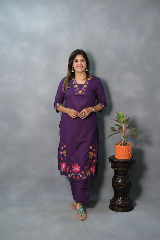 Floral Embroidered Purple Kurta Pant Set | Soft Cotton
